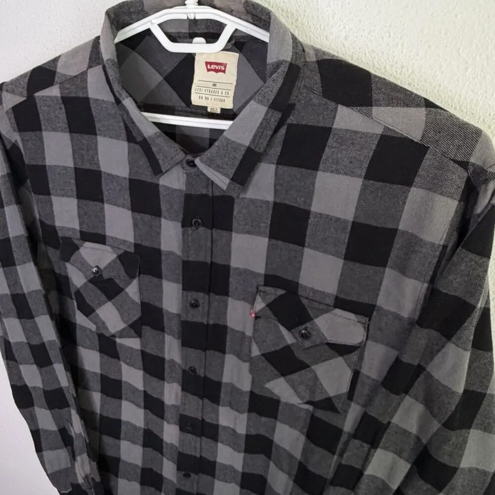 Levi’s Buffalo Plaid Flannel Shirt Gray Black Button Up Men’s XXL 2XL Longsleeve